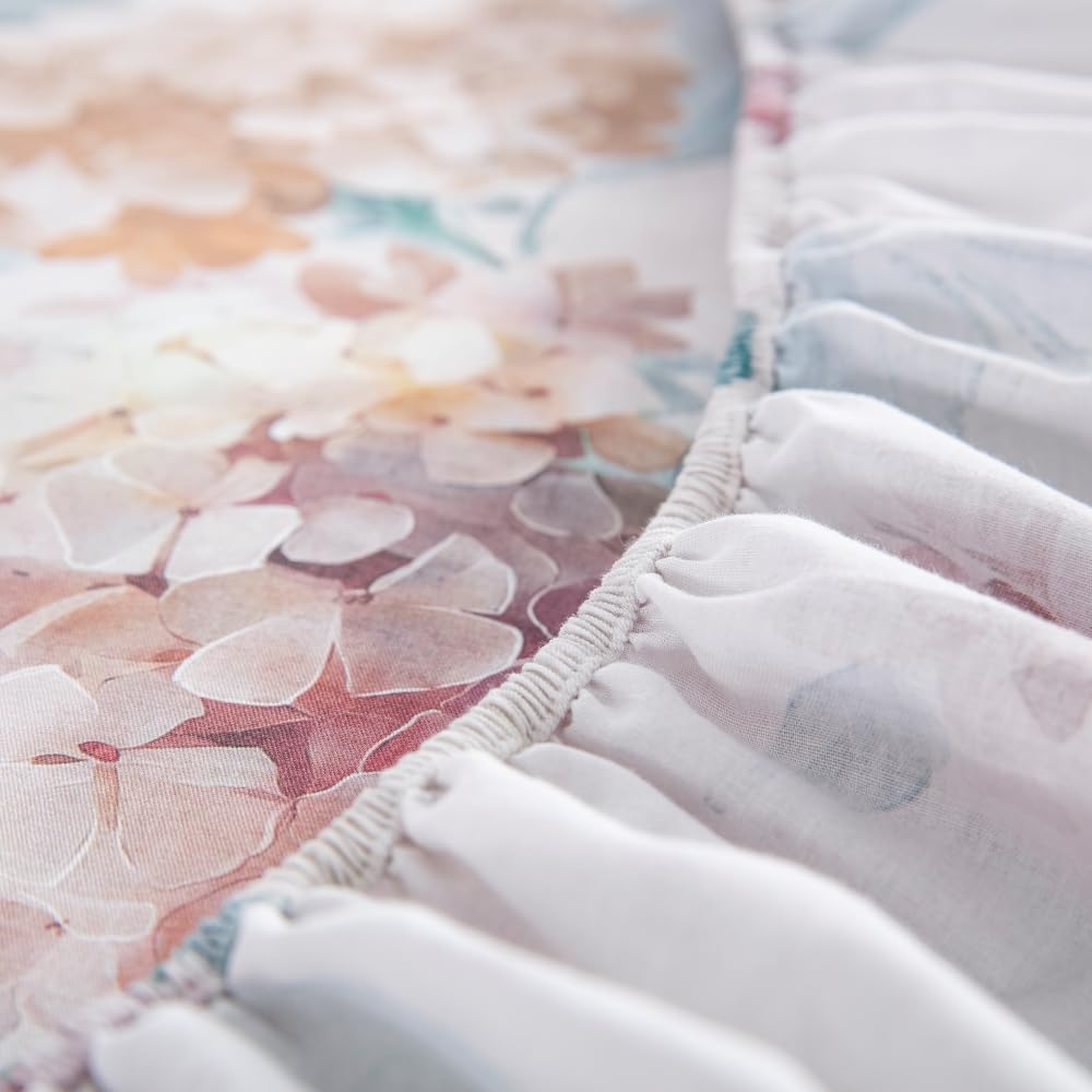 DAUAOTO King Size Printed Sheets Set, 100% Cotton Bedding Sets, Up to 14" Deep Mattress, Floral Pattern Bedlinen Set, Hydrangea Blush