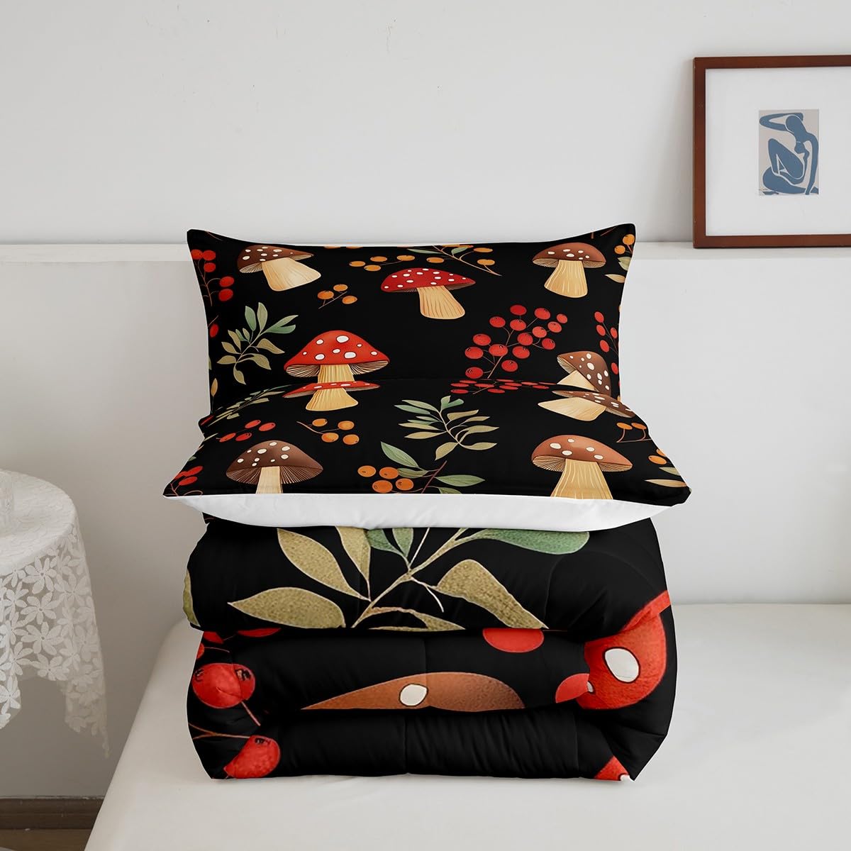 Feelyou Cartoon Mushrooms Bedding Set Kids Boys Girls Queen Size Cute Mushroom Comforter Set Ultra Soft Wild Mushroom Stuff Comforter Mushroom Duvet Set Room Decor Plant Pattern Quilt Set