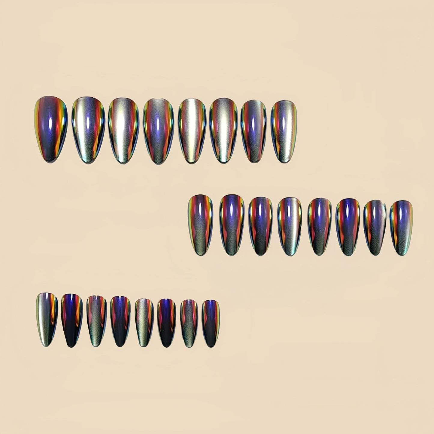 RUOKEXIN Almond Press on Nails Medium Length Fake Nails Black Silver Chrome False Nails with Cat Eye Designs Full Cover Nail Press ons Sparkly Artificial Nails for Women 24Pcs