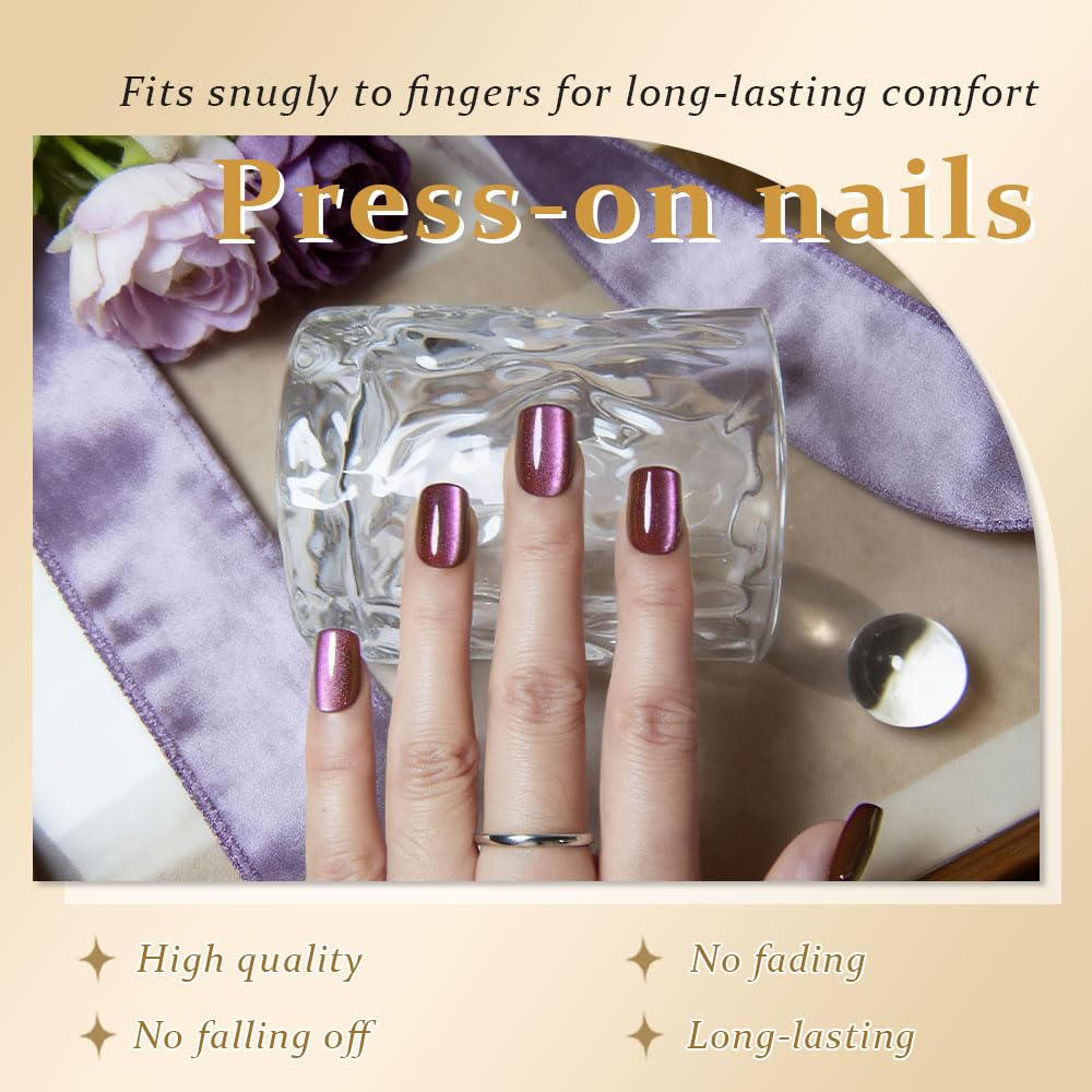 evpct Mauve Cat Eye Extra Short Square No Glue Press on Nails, Petite Short Square Stick on Nails for Women Gift, Glossy Holographic Fake Nails Reusable Press on Acrylic Fake Nail with Designs