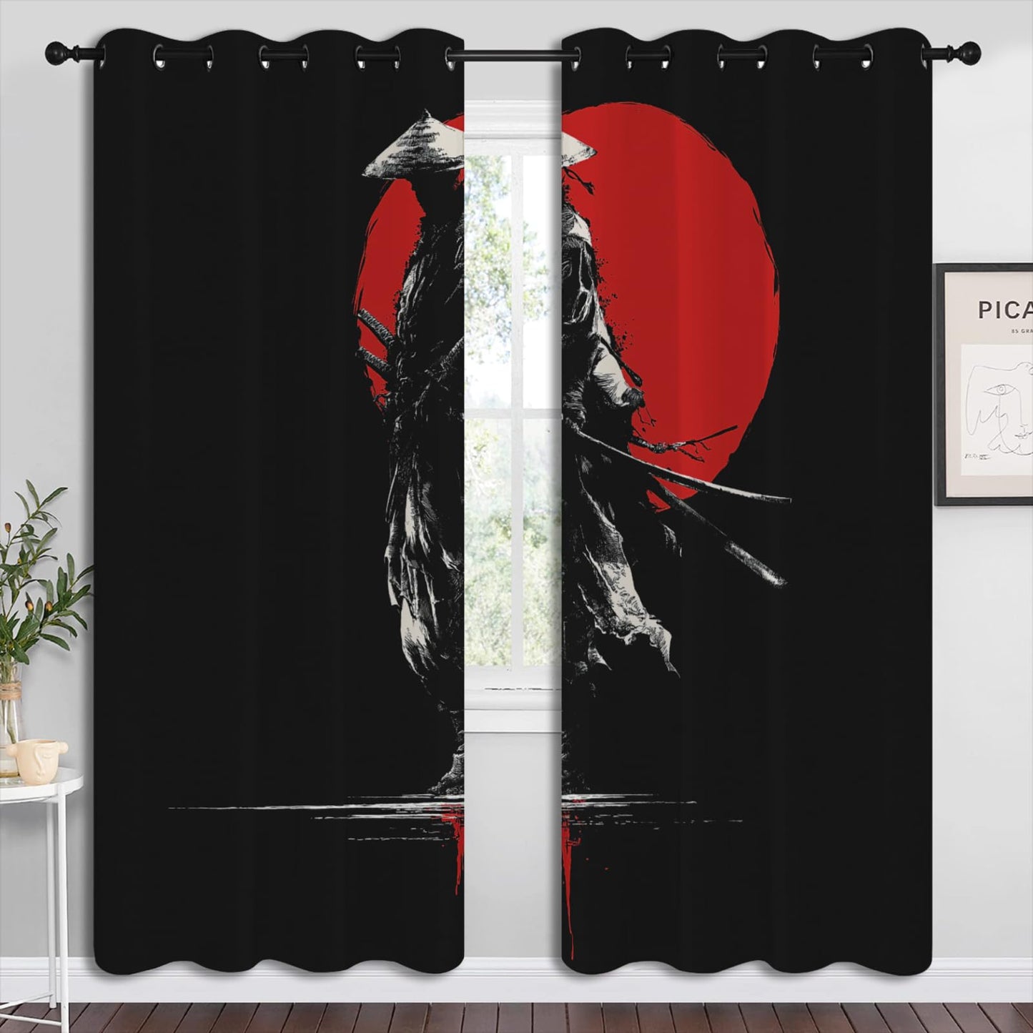 PYMATYTN Japanese Samurai, Blackout Curtains for Boys Girl Bedroom Home Decor, Asian Style Anime Red Sun Ink Painting Thermal Insulated Grommet Darkening Living Room Window Drapes, 84 x 63 inch
