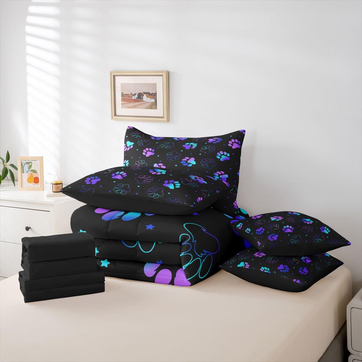 Feelyou Dog Paw Print Comforter Set with Sheets 7 Piece Full Size Pet Animal Bed in a Bag Kids Boys Girls Puppy Dog Bedding Set Cute Bedroom Decor Kawaii Breathable Soft Lightweight Microfiber