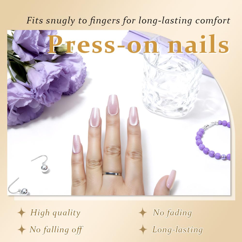 evpct Nude Cat Eye Coffin Press on Nails Square Medium, Medium Square Stick on Nail for Women Gift, Nude Metallic Glitter Glossy Reusable Summer Soft Gel Press on Acrylic Fake Nail with Designs