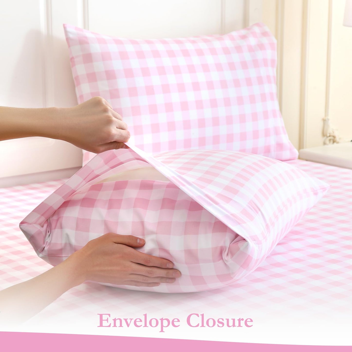 MICORAL Queen Sheet Set Pink Gingham Plaid, 4-Piece Brushed Microfiber Cute Grid Bed Sheets, 16" Deep Pocket, Ultra Soft & Cooling Sheet, Oeko-TEX Certified, Light Pink