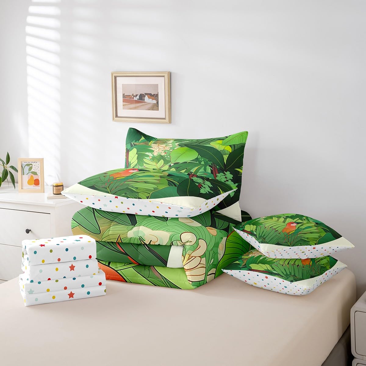 Erosebridal Palm Leaf Bedding Set King Size, Funny Toucan Hawaiian Summer Comforter Set, Tropical Plant Kids Teens (Comforter+Fitted+Flat Sheet+2 Pillowcases+2 Throw Pillow Covers) 7 Pieces Bed Set
