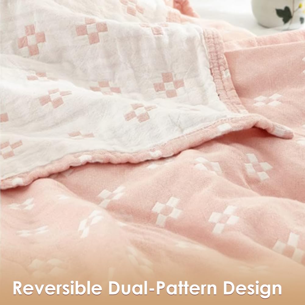 SHSYCER 2 Layer Cozy Lightweight Muslin 100% Cotton Blanket for Bed, Couch & Sofa, Summer Bedding Coverlet with Pattern,Pink,Twin 59''x78''