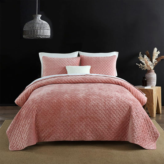 Liians Velvet Bedspread Quilt Bedding Sets,Luxury Soft Velvet Comforters Coverlet Blankets,Weave Stitching Pattern Cotton Quilted Bedspread for All Seasons, Pink,King Size