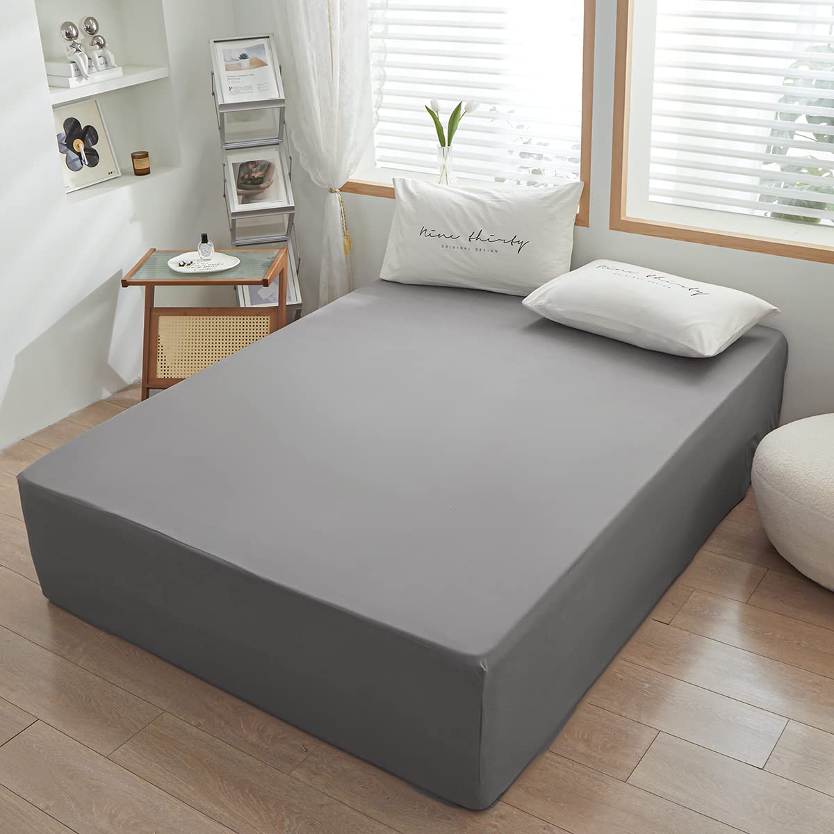 Rushrushlulu Bedding Queen Size Fitted Sheet Only- Bottom Mattress Fitted Sheet-Fits 15inches Deep Mattress Pocket -Soft and Microfibe-Shrinkage and Fade Resistantr-Easy Care-Light Gray