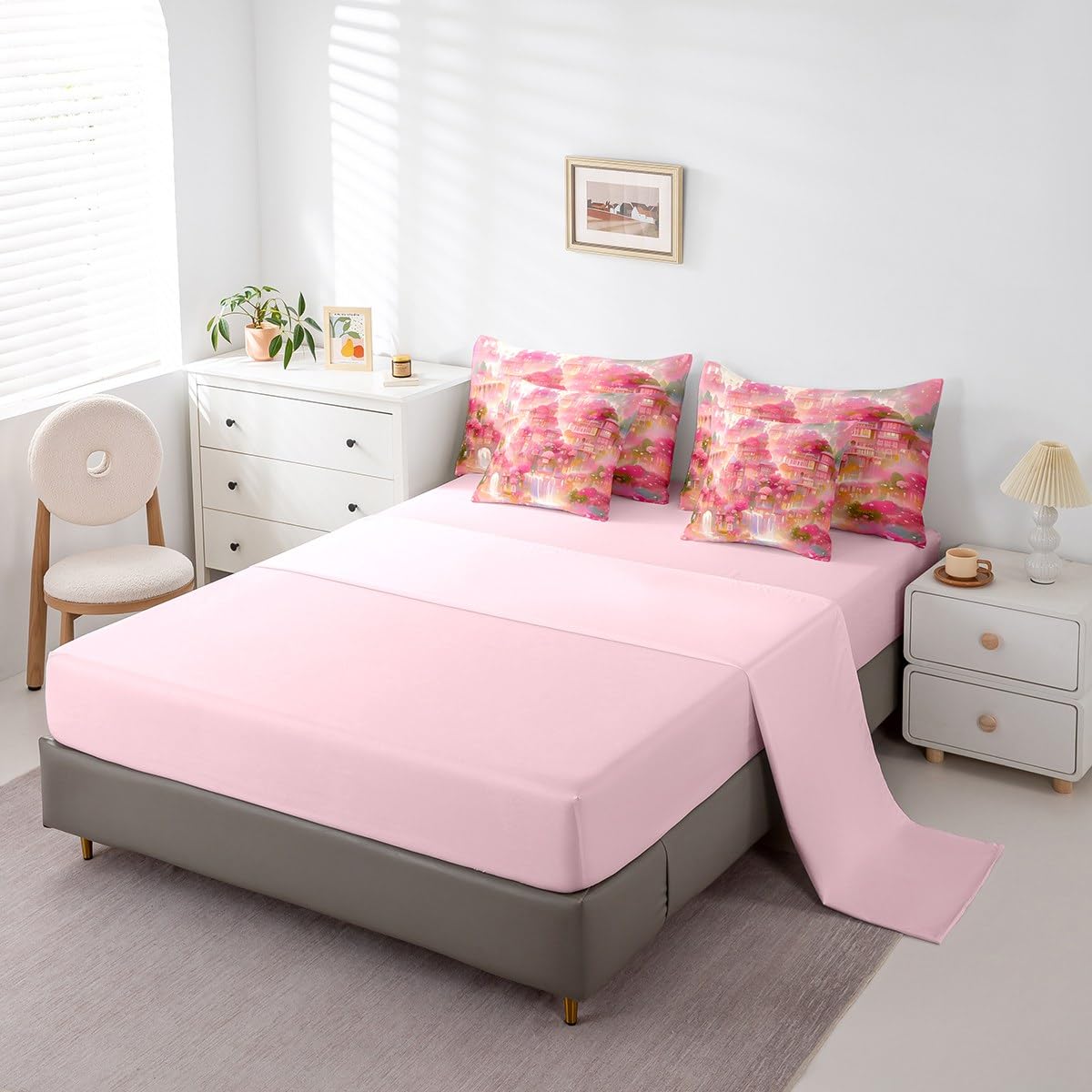 Erosebridal Rose Castle Comforter Set King,Dreamy Sea of Floral Bedding Set 7Pcs for Kids Girls Teens,Princess Fantasy Mysty Bed in a Bag