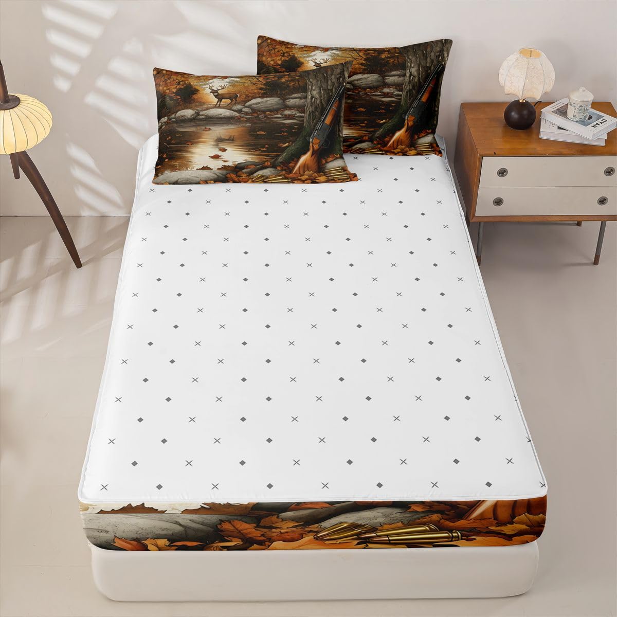 jejeloiu Deer Zipper Bedding Twin Hunting Wildlife Zipper Bedding Sets for Kids Boys Girls Autumn Pond Comforter Set with Fitted Sheet and 2 Pillowcases Rustic Bedroom Decor