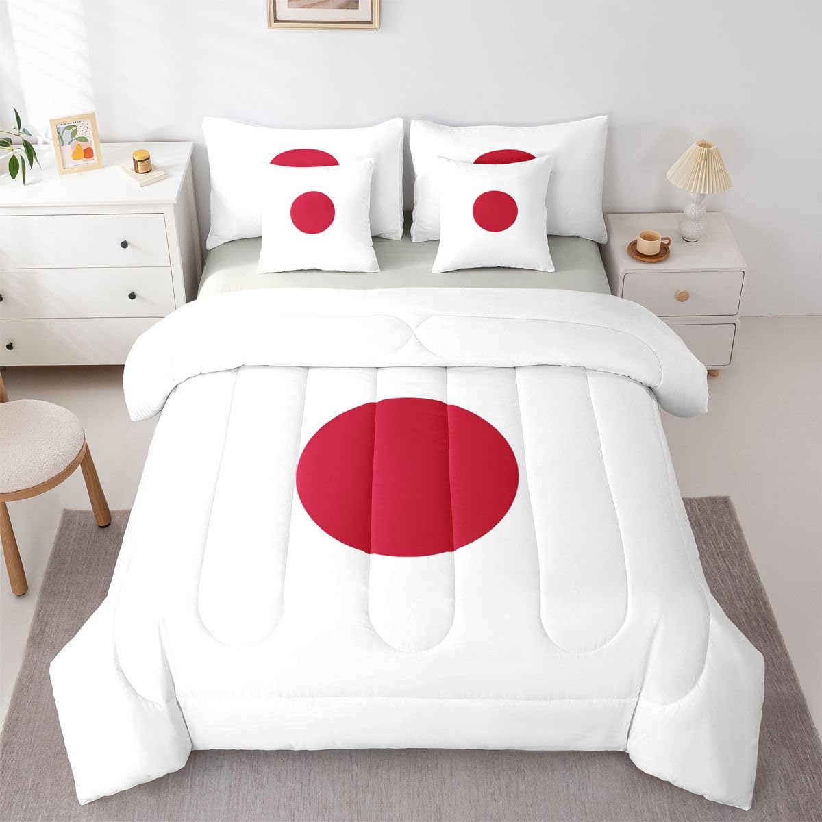 Feelyou Japanese Flag Comforter Set with Sheets 7 Piece King Size Japan Bed in a Bag Kids Boys Girls World Countries Bedding Set Bedroom Decor Breathable Soft Lightweight Microfiber