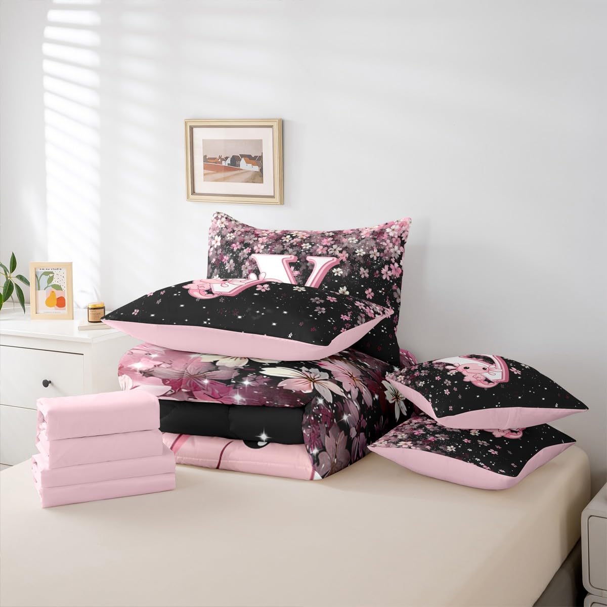 Erosebridal 7 Pieces Cute Letter Initial V Bed in A Bag Twin Size | Cute Axolotl Comforter Set with Sheets for Kids Girls Teens Pink and White Cherry Blossom Bedding Set Kawaii Axolotl Quilt Sets