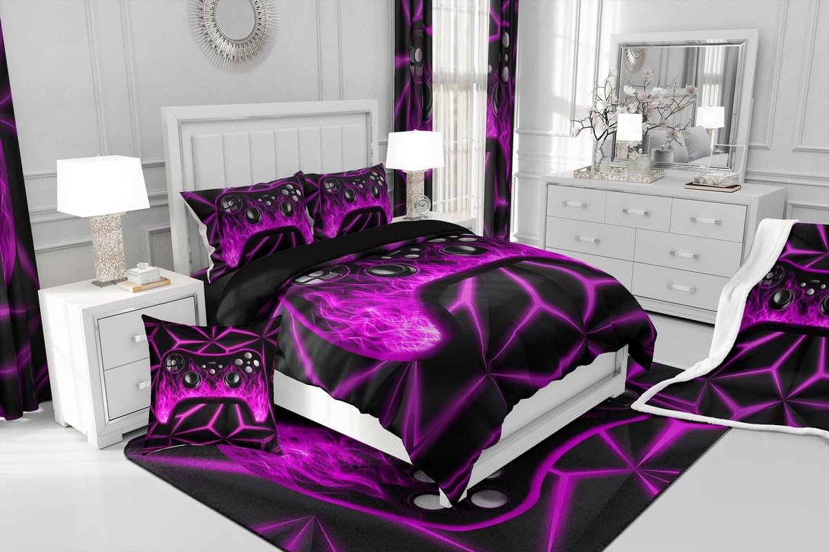 Erosebridal Game Bath Curtain for Boys Kids Game Bathroom Decor Shower Curtain for Lovers,Flame Consoles Bathroom Decor Purple Video Waterproof 3D Geometric Gaming,72" W x 72" L