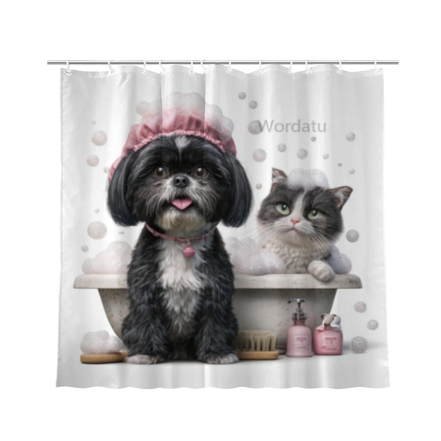 Wordatu Funny Black Shih Tzu Shower Curtain Decor Fabric Bathroom Curtains, Kids Children Cartoon Waterproof 72x72 inch with 12 Hooks