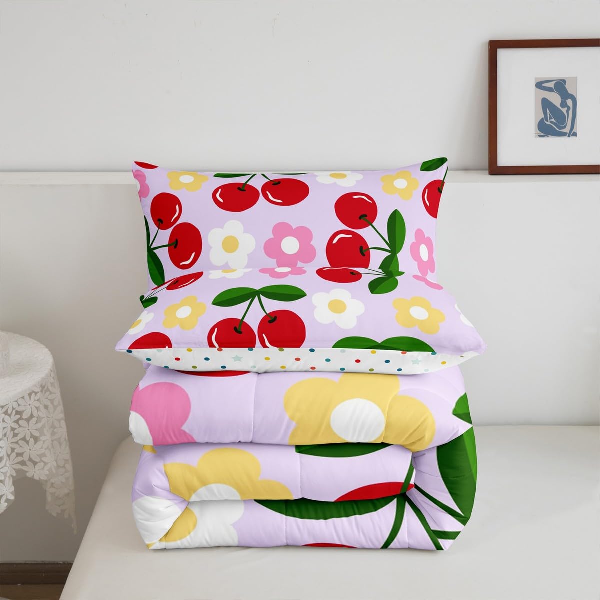 Red Cherry Kids Comforter Set Twin Size,Cartoon Flowers Tropical Fruits Rustic Bedding Set,Girls Princess Room Decor,Modern Fashion Coqueta Down Comforter,Purple Bright Duvet Insert,1 Pillowcase