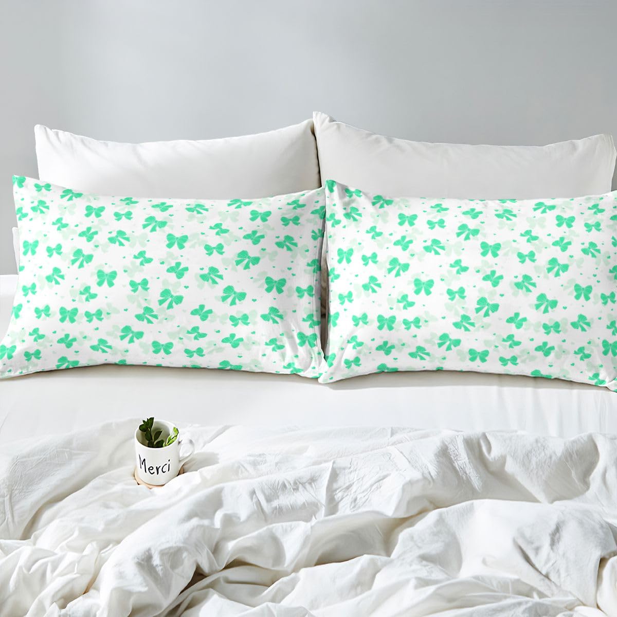 jejeloiu Green Bow Fitted Sheet Twin Size for Kids Boys Girls Bowknot Bed Sheets Set 16" Deep Pocket Soft Breathable Microfiber Bow Tie Bedding with 1 Pillowcase Dreamy Princess Style Room Decor