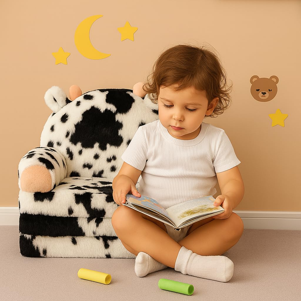 QIUODO Toddler Chair with Faux Rabbit Fur – 2-in-1 Foldable Kids Couch, Soft Sofa for Reading, Bedroom or Playroom Use, Ages 1-3（Cow）
