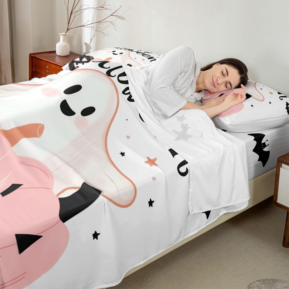 Feelyou Happy Halloween Bed Sheets Set Full Size Pumpkin Deep Pocket Fitted Sheet Halloween Decor Bedding Sets Cute Ghost Soft Bed Set 4Pcs with 2 Pillow Cases