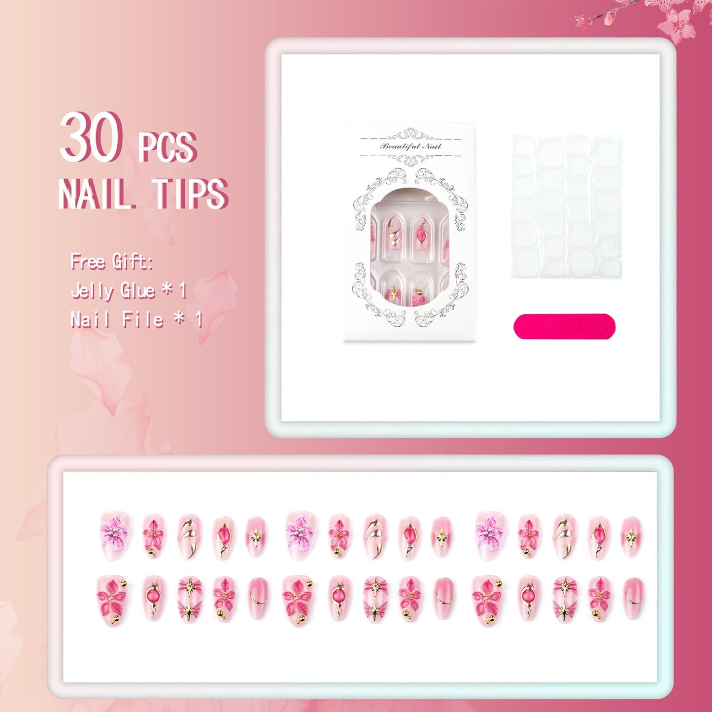 30Pcs Pink Flowers Press On Nails Medium Almond Fake Nails 3D Flower Hand-Painted Gold Ombre Effect,French Tip Press Ons Handmade Elegant Set False Nails Spring Summer for Women