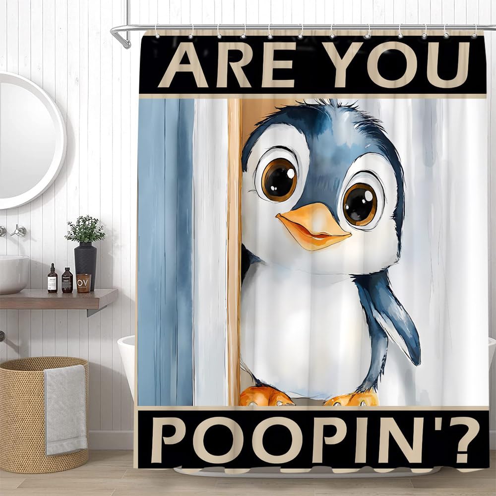 YSSFAV Funny Penguin Shower Curtain are You Poopin' Cute Animal Fun Modern Creative Bathroom Decor Curtains Set with Hooks, 70" W x 70" H