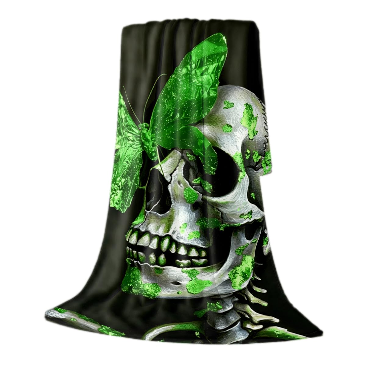 HUNXIAOJ Skull Butterfly Blanket Gifts Green Gothic Decor Butterfly Skeleton Throw Blanket Soft Flannel Skull Bedding for Couch Bed Living Room Home Halloween Decor 49"x59"