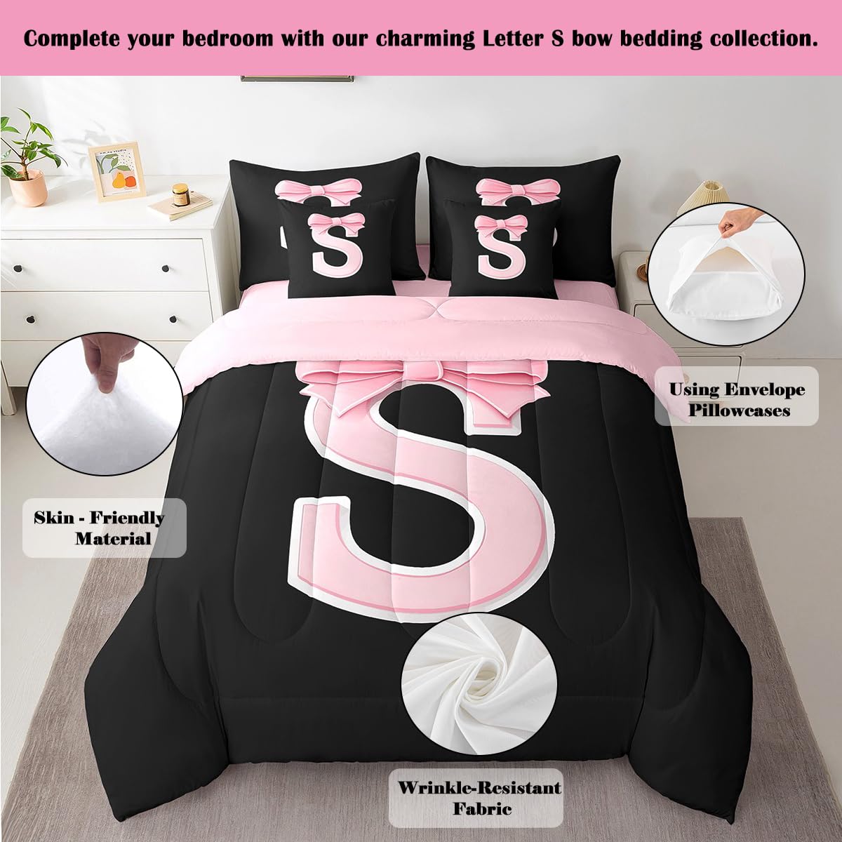 jejeloiu Kawaii Pink Bow Twin Comforter Set with Sheets,Gifts for Women Teen Girl,Monogrammed 7 Piece Bedding Set,Soft Personalized Initial Letter S Bed in a Bag with Comforter,Sheets,Pillowcases