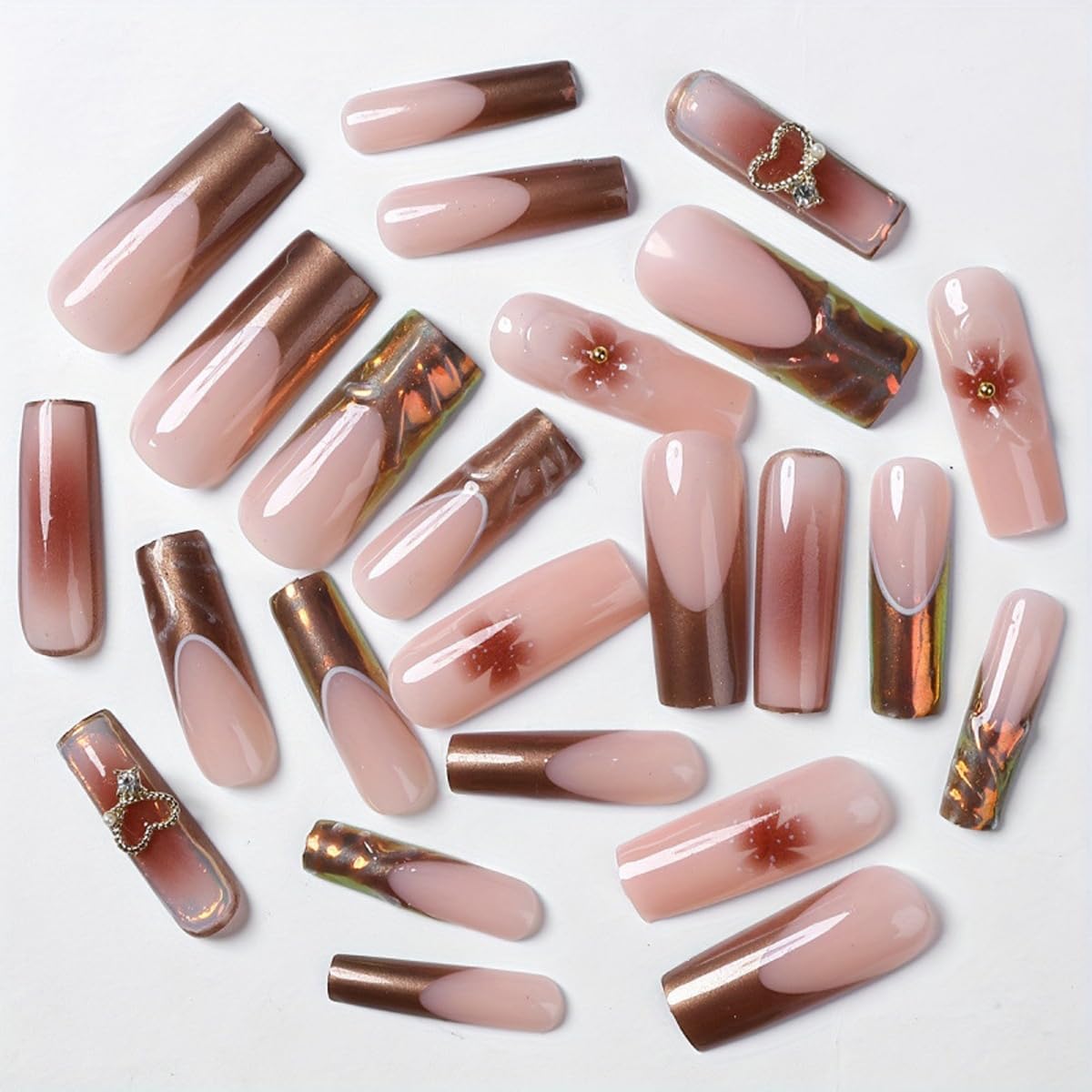 Long Square Press on Nails Chrome Fake Nails French Tip Glue on Nails with 3D Flower, Wave, Heart Charms Designs Full Cover Glossy False Nail Press ons Stick on Nail for Women Manicure 24Pcs