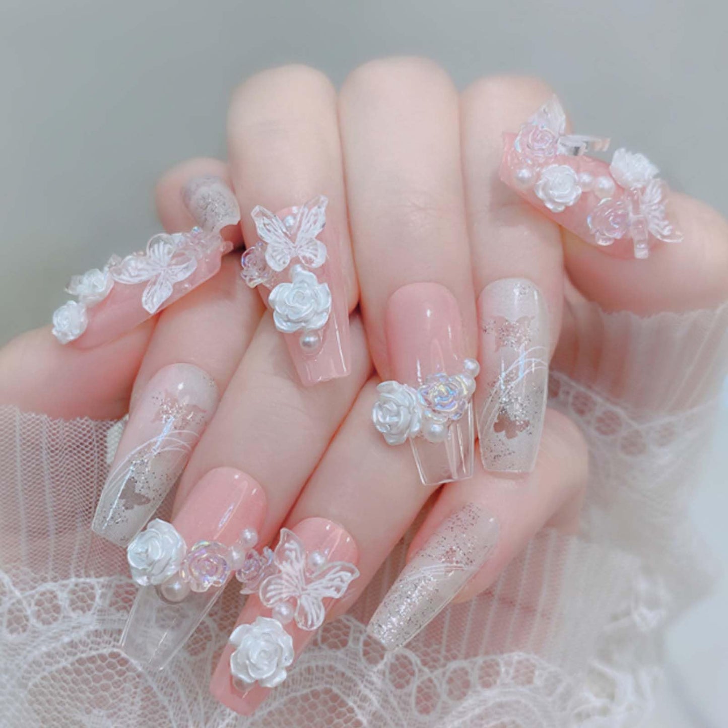 Hkanlre 3D Press on Nails Medium Fake Coffin Nails Tips Full Cover Luxury False Nails for Women and Girls 24PCS