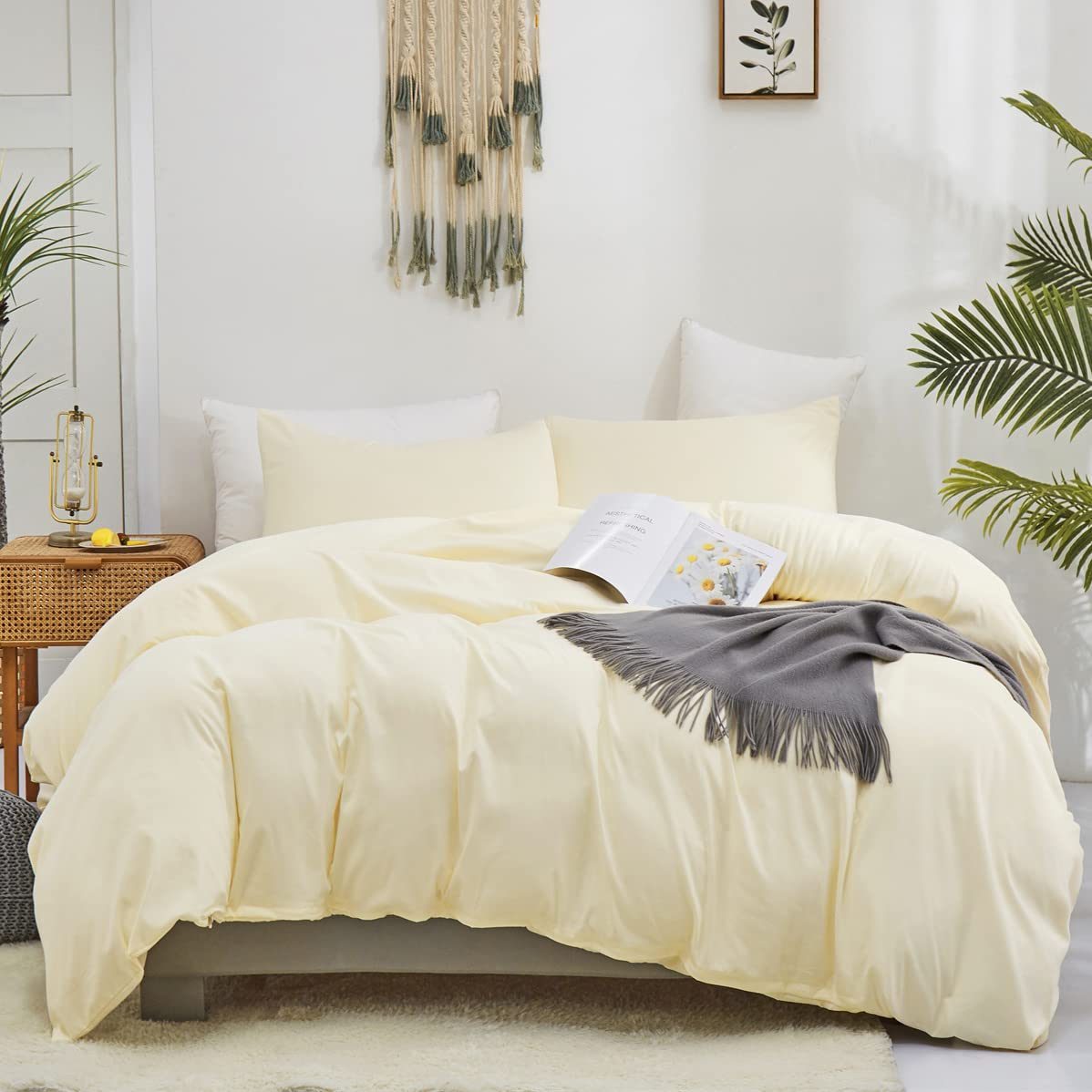 KAREVER Light Yellow Comforter Set Full Ivory Bedding Set Men Breathable Beige Bedding Set Women Soft Off White Ivory Bedding Comforter Set Full Size Comforter
