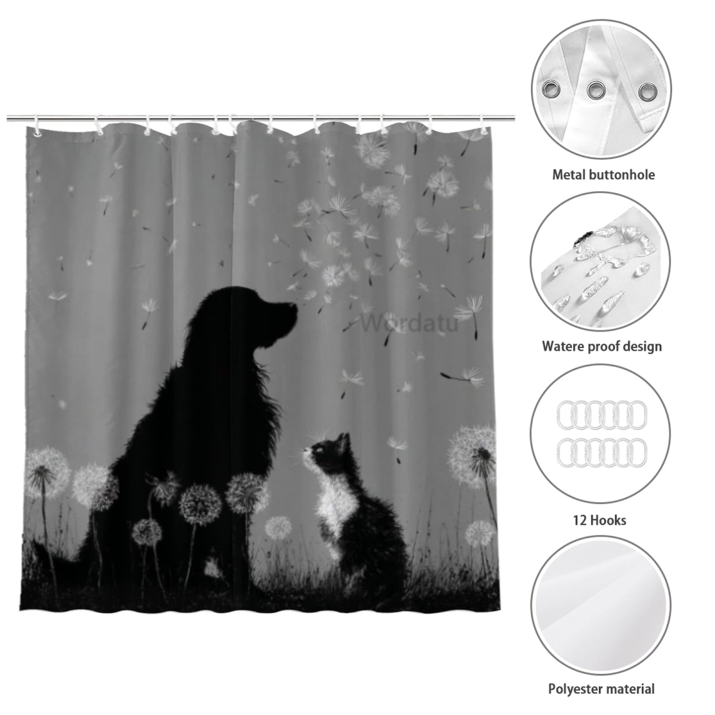Wordatu Cat & Golden Retriever Bathtub Bath Curtain Dandelion Cute Pet Animal Bathroom Set Accessories for Kids Teens Adults Waterproof Shower Curtain 72x72 with 12 Hooks