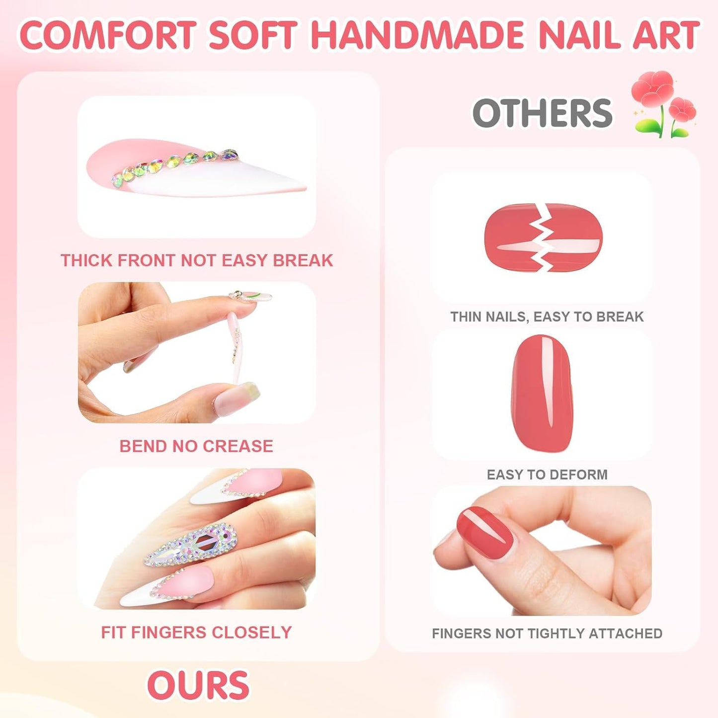 Yabonica Handmade Press On Nails Square,10Pcs Pink Acrylic False Nails Press Ons with 3D Bling Rhinestones Nail Art Gel Long Lasting&Reusable Glue On Nail for Woman Girls Party Daily Wear (059P, S)