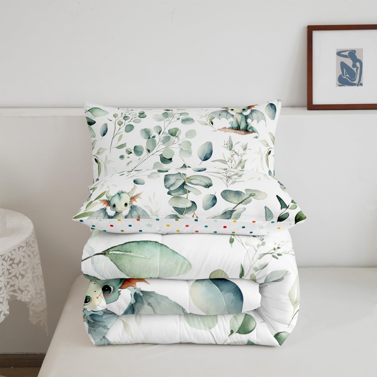 Erosebridal Boys Magic Animal Twin Bedding Sets Cute Dragon Comforter Set, Cartoon Wildlife Bedding Comforter Sets Green Leaf Duvet Insert, Spring Garden Plant Down Comforter Child Kids Bedroom Decor