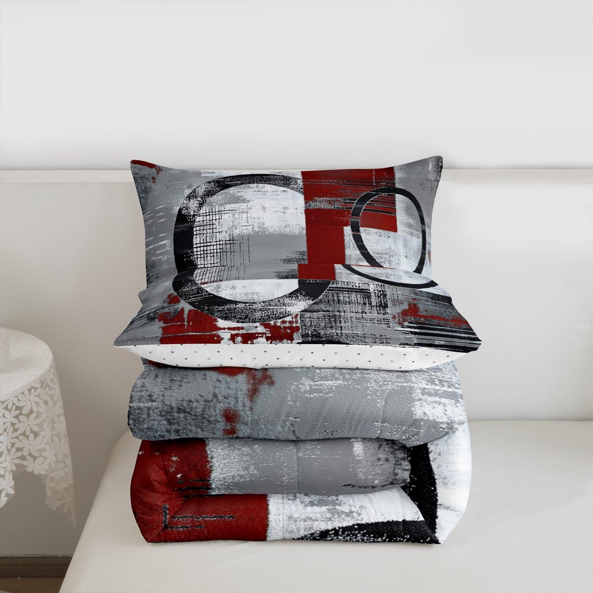 Feelyou Abstract Kids Comforter Set Full Size Modern Abstract Art Bedding Set Geometric Duvet Quilt for Kids Boys Girls Bedroom Luxury Decor Wine Ultra Soft