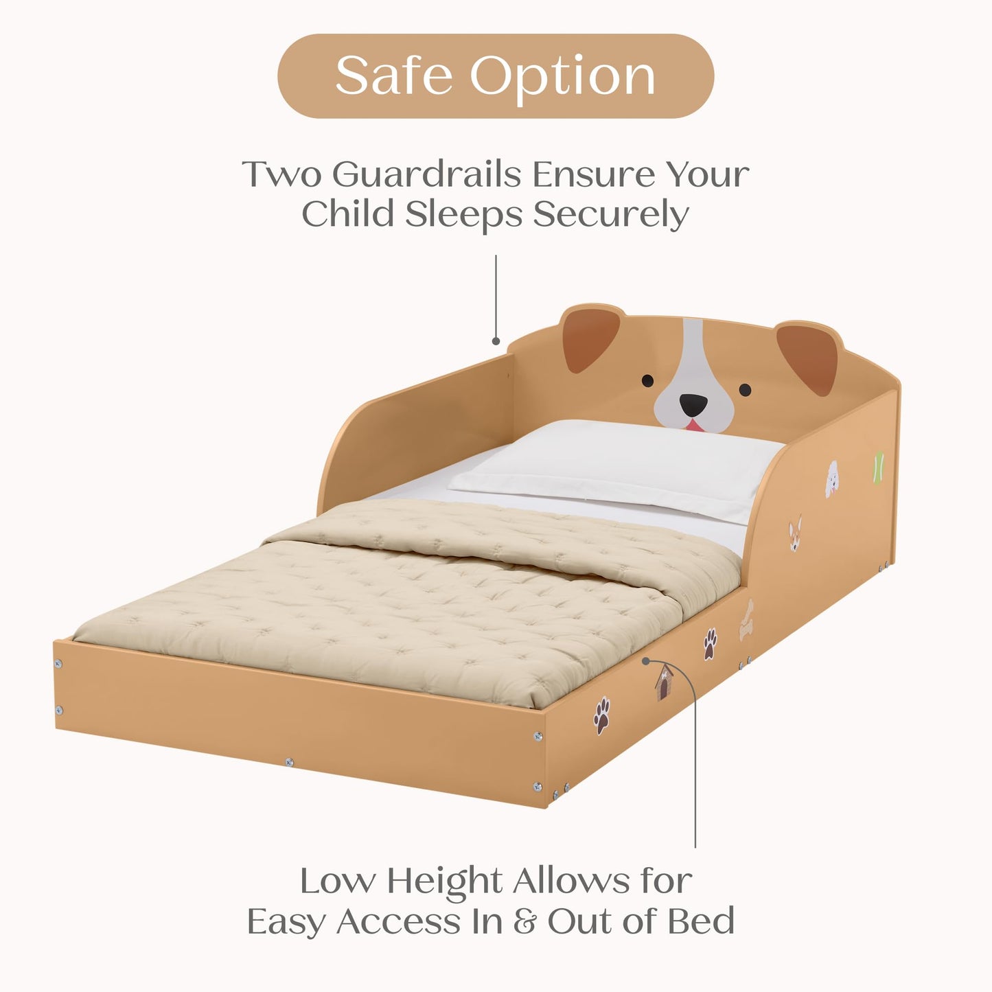 Delta Children Puppy Wood Floor Toddler Bed with Reusable Stickers, Brown