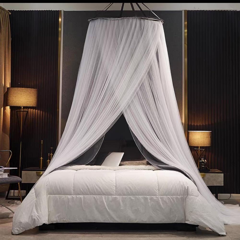 Vilemoon Bed Canopy for Girls & Adults, Round Dome Lace Princess Canopies Netting, Elegant Double Layer Bed Canopy Drapes for Decoration, Playing,Reading,Sleepping (Gray)