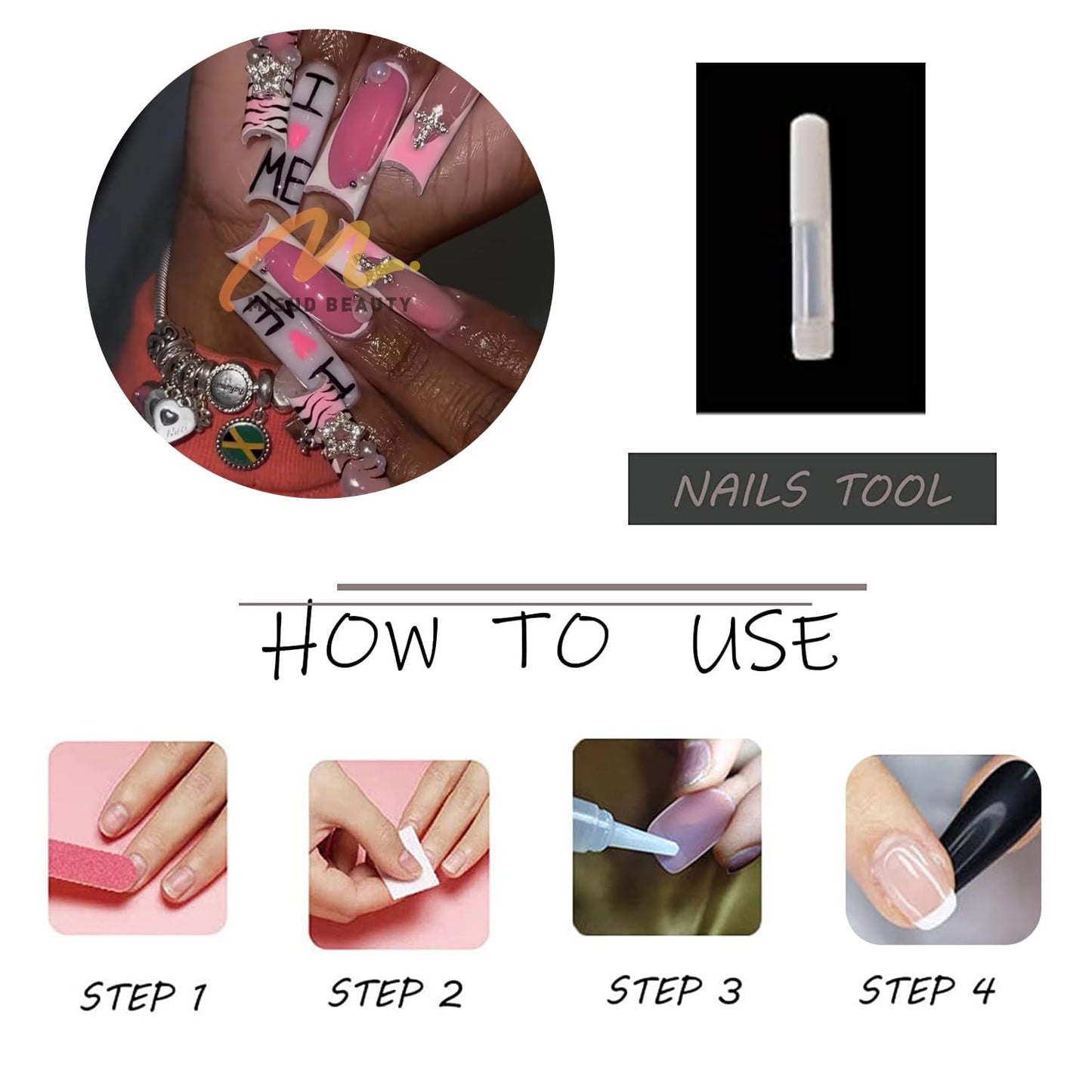 MISUD Press on Nails - Extra Long Square Fake Nails with Pink White, Acrylic Y2K Charms Design 24 pcs