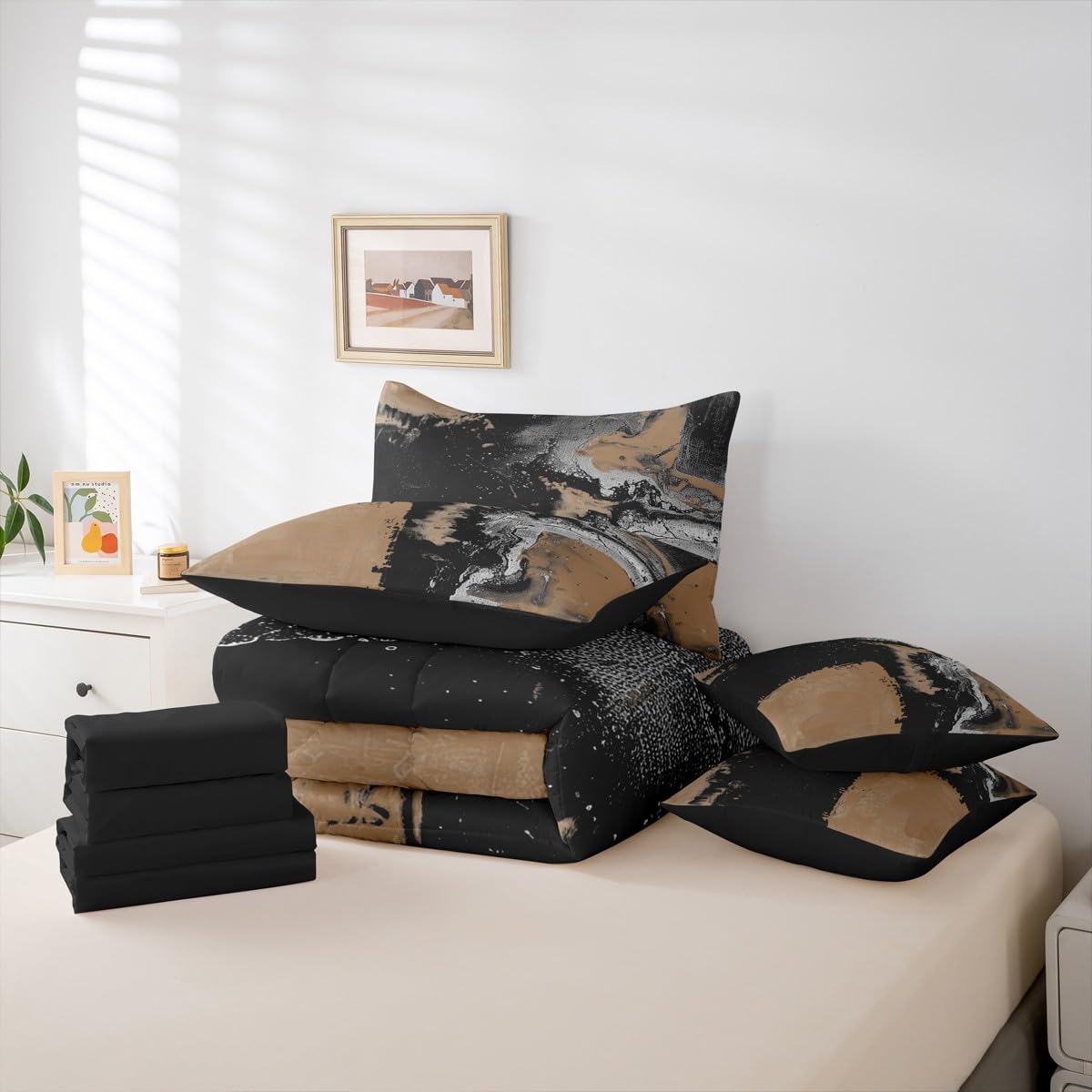 Feelyou Abstract King Comforter Set with Sheets for Kids Boys Girls Modern Abstract Art 7 Pieces Bedding Set Luxury Bed in a Bag Geometric Room Decor Brown and Balck Soft Lightweight Microfiber