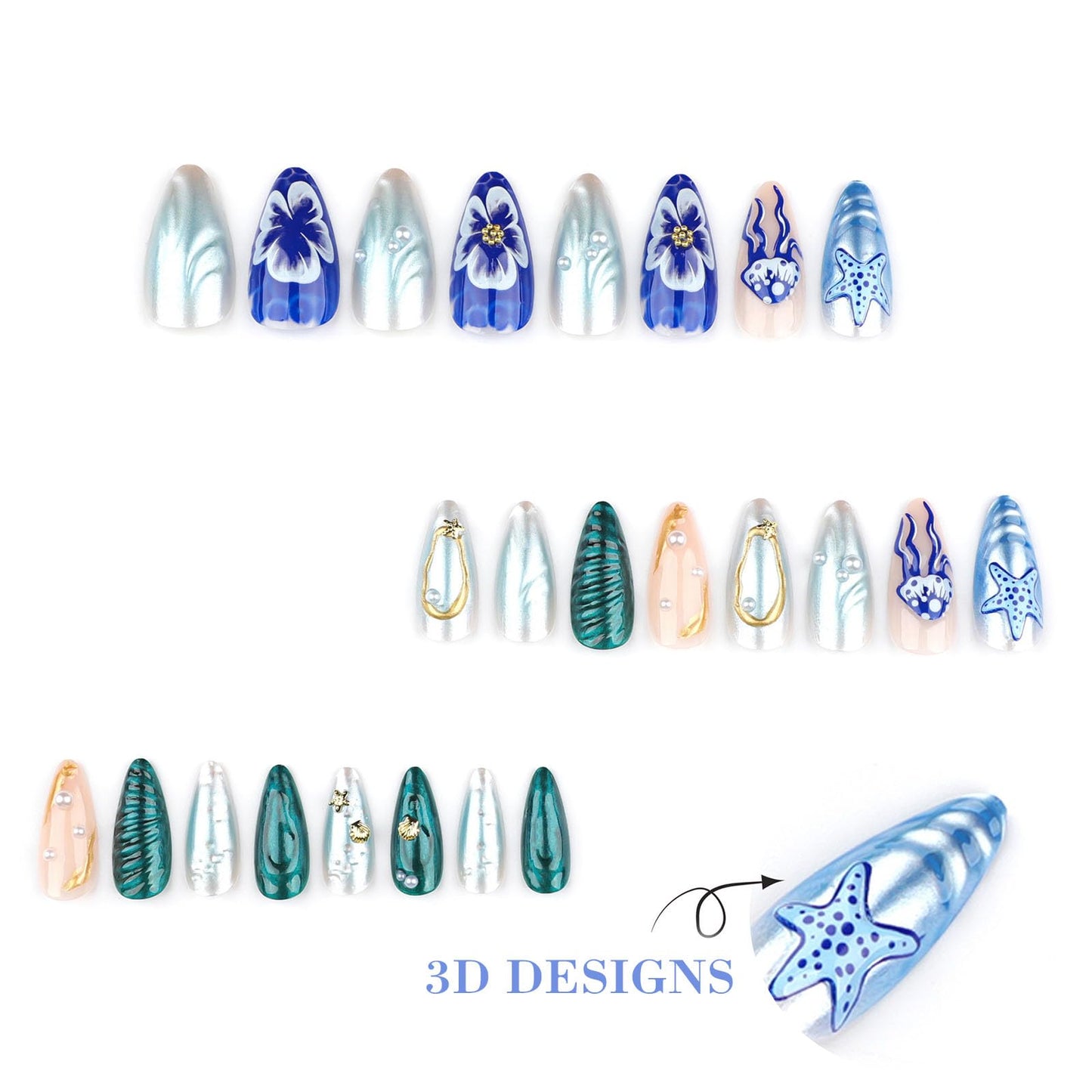 IMSOHOT Press on Nails Almond Medium Fake Nails Glossy Full Cover Blue Chrome False Nails with 3D Sea Star & Medusa Designs Artificial Glue Stick on Nails for Women Girls 24Pcs
