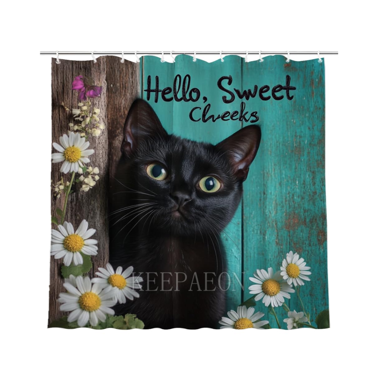 KEEPAEON Black Cat Shower Curtain, Cute Funny Shower Curtains for Bathroom Hello Sweet Cheeks Bathroom Decor with Hooks, Bathroom Curtain 60x72 Inches