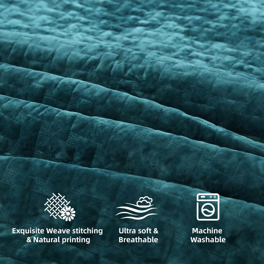 Liians Velvet Bedspread Quilt Bedding Sets,Luxury Elegant Ultra Soft Velvet Comforters Coverlet Blankets,Weave Stitching Pattern Cotton Quilted Bedspread for All Seasons,Teal,King Size