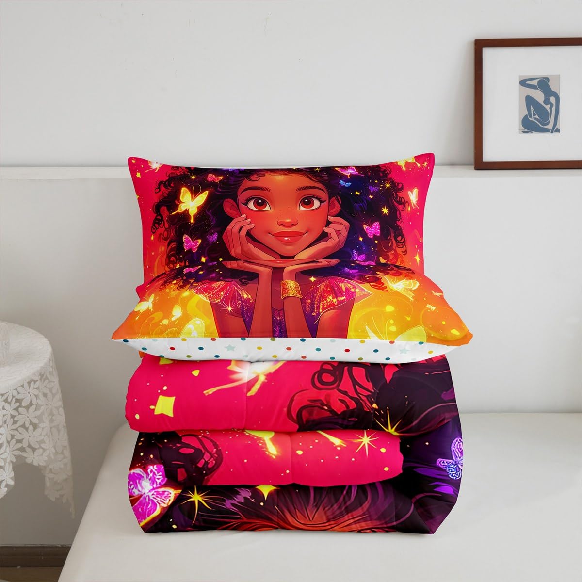 Erosebridal Black Girls Bedding Set Glitter Butterfly Afro Girl Twin Comforter Set for Girls,American African Princess Magical Quilt for Toddler Kids Teenager,Kawaii Room Decor