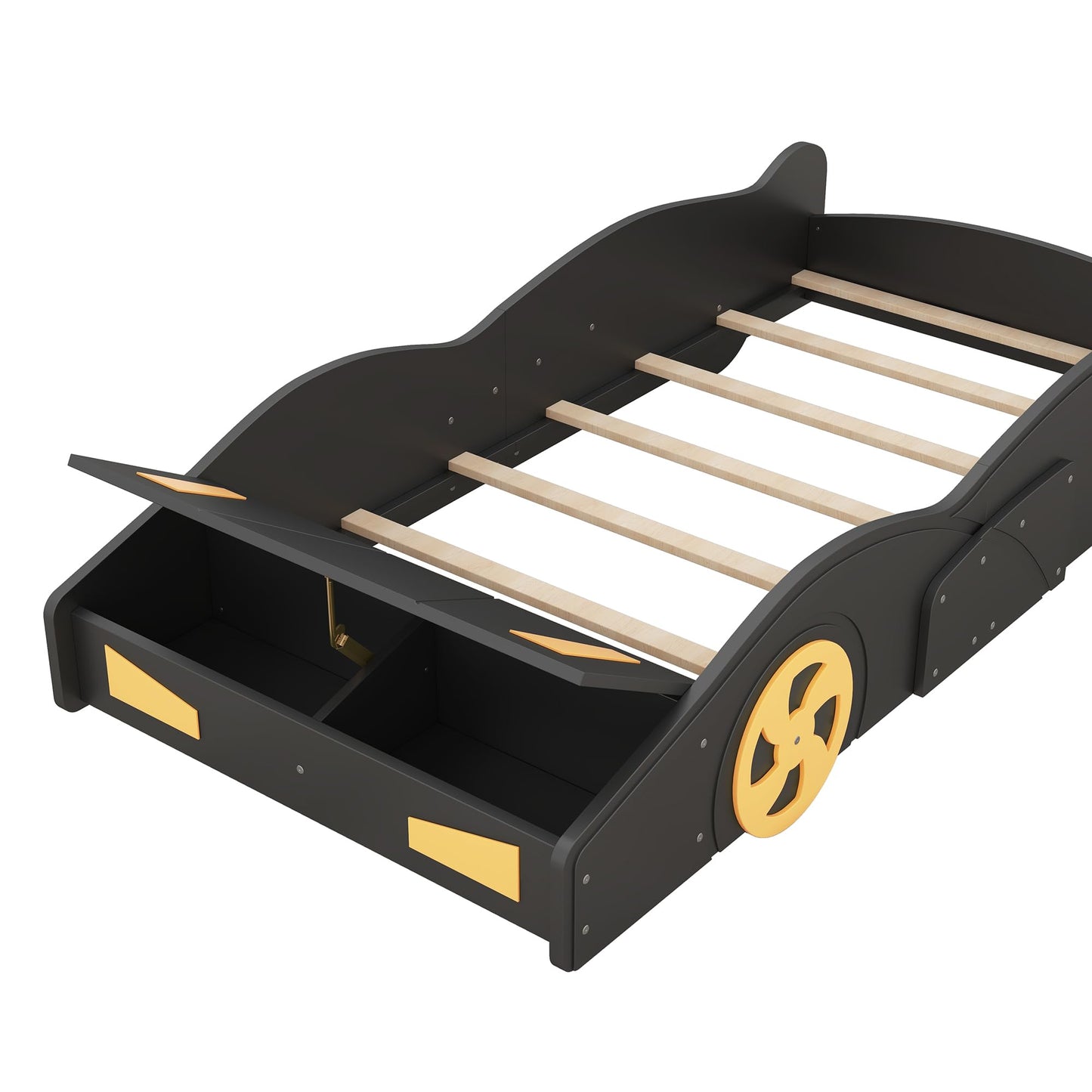Acosure Twin Size Race Car Bed Platform Bed with Wheels and Storage,Wood Bed Frame W/Wood Slats Support,for Kids Boys Girls Teens,Box Spring Not Required,Black+Yellow