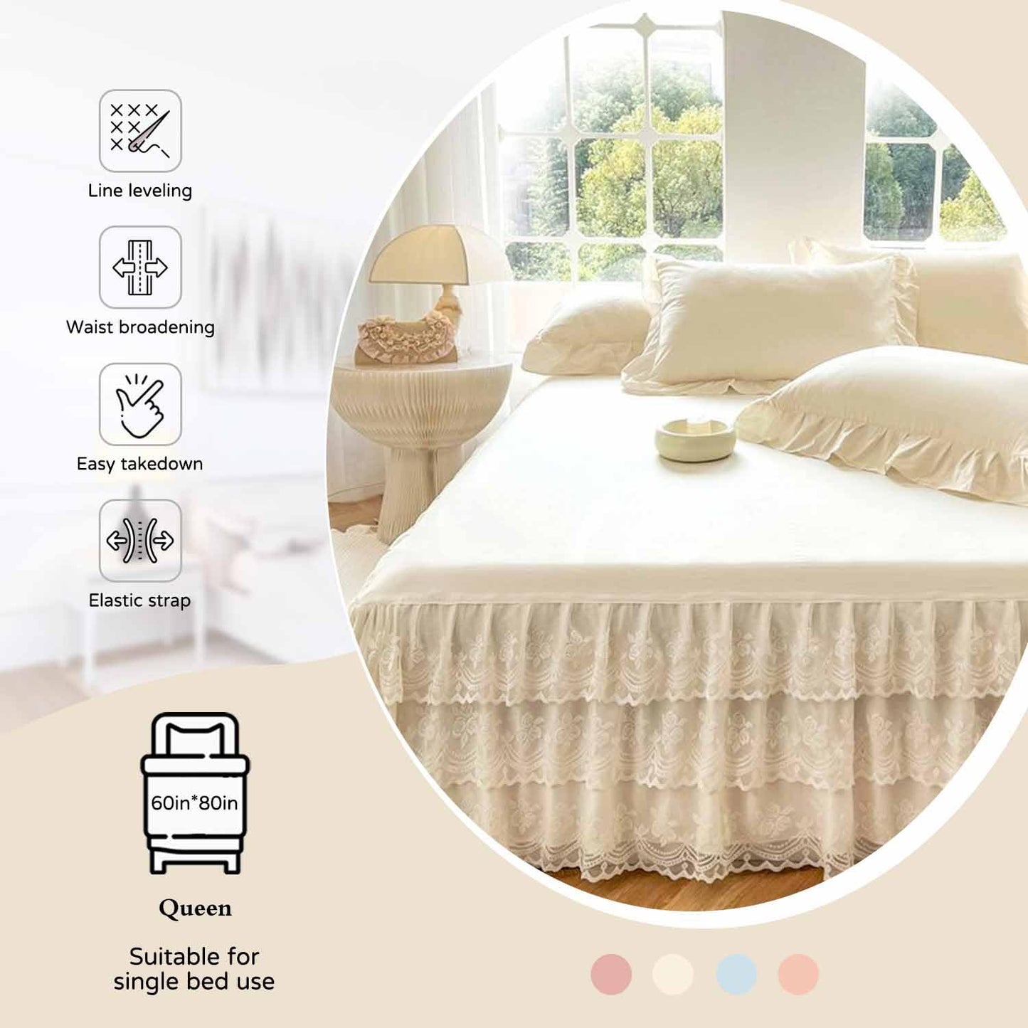 Three Layers Lace Bed Sheet Skirt for Queen Bed - 17in. Drop, Ruffle Bed Skirt Wrap Around Bed Skirt, Anti Wrinkle