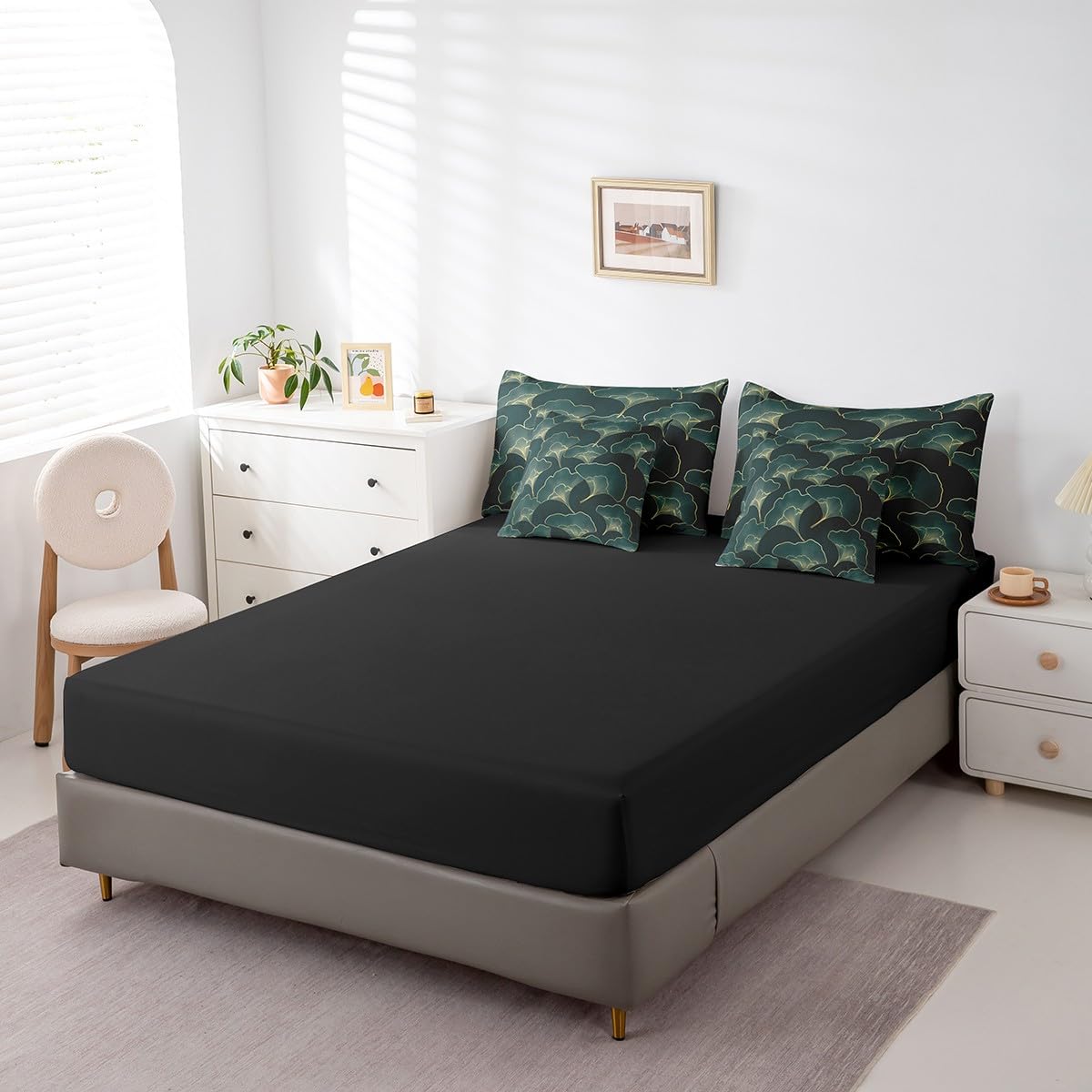 Erosebridal Ginkgo Leaves Comforter Set 7 Piece Bed in a Bag Twin,Golden Ginkgo Biloba Leaf Bedding Sets Botanical Sheet Set with Comforter,Jungle Plant Ginkgo Folium Bed Set