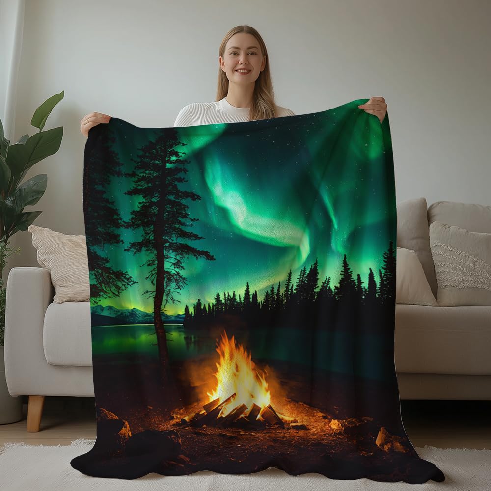 HUNXIAOJ Northern Lights Blanket Aurora Borealis Throw Blanket Northern Lights Gifts Landscape Decor Warm Soft Flannel for Girls Boys Women Teens Adults Bed Sofa Couch (50 in x 60 in)