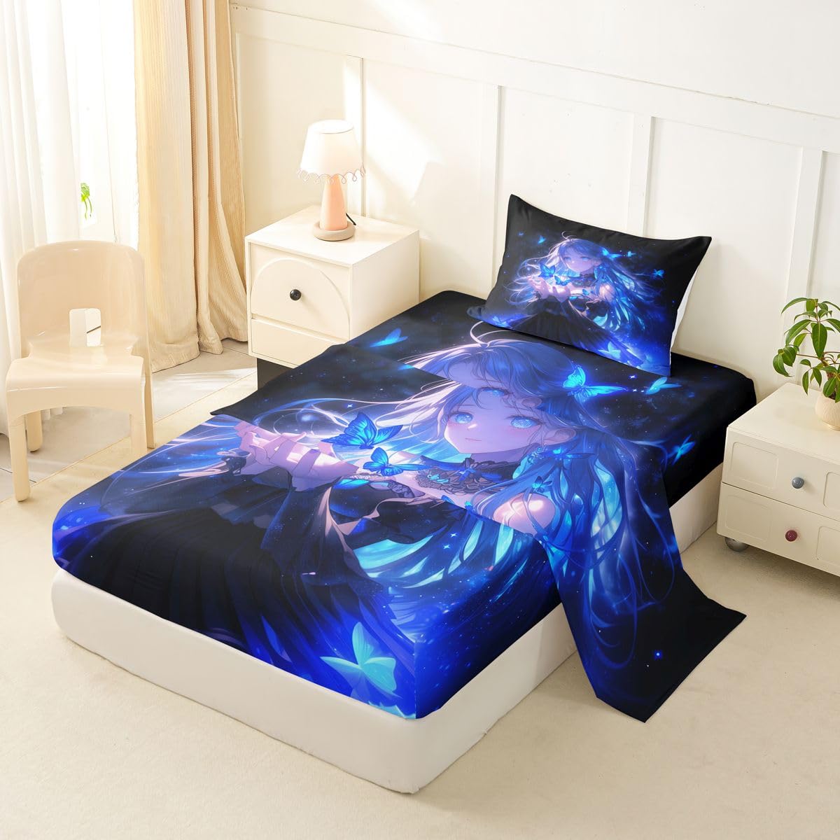 Erosebridal 3D Japanese Girl Bed Sheets Set Blue Butterfly Decorations Sheets Twin,Cartoon Sheet Set for Boys Girls Anime Gifts for Her Bedding Sets Bedroom Decor 3 Pieces