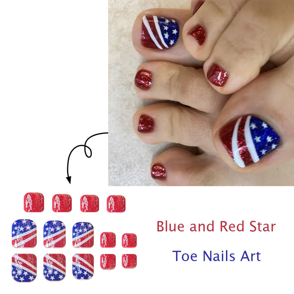 Independence Day Press on Toenails Short Square Fake Toe Nails Glitter Red Acrylic Toe Nails Full Cover American Flag Designs 4th of July Press Ons Artificial False Toenails for Women and Girls 24Pcs