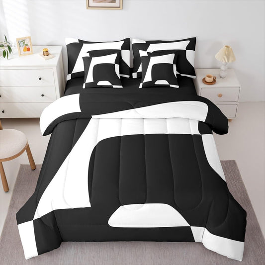 Erosebridal Black and White Abstract King 7-Piece Bedding Set for Adult Women Men Boho Geometric Striped Comforter Set Modern Art Bed in a Bag Simple Aesthetic Modern Bed Collections