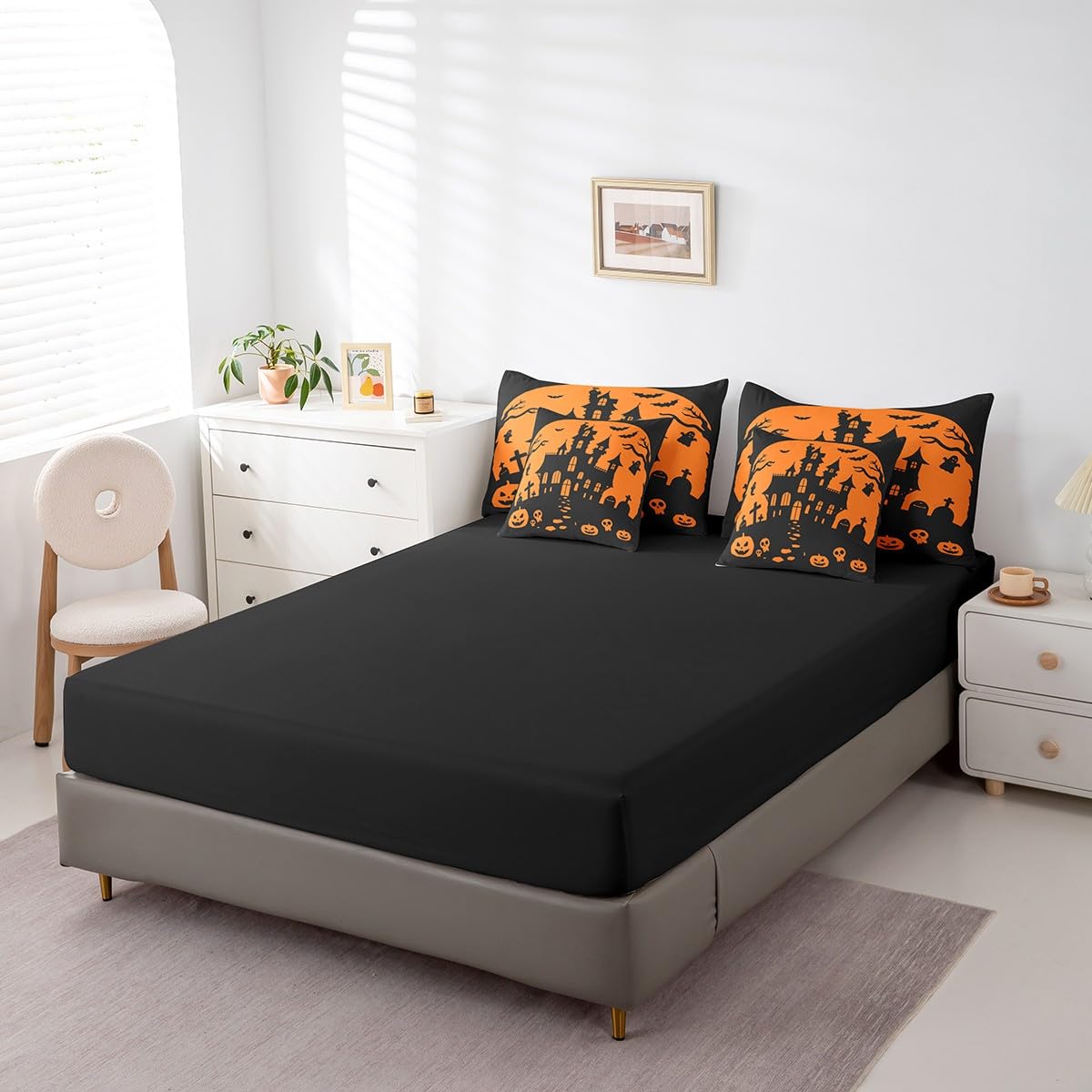 Feelyou Halloween 7 Piece Bedding Set Twin Size Pumpkin Comforter Set with Sheets for Kids Boys Girls Teens Bat Bed in a Bag Horror Castle Bed Set