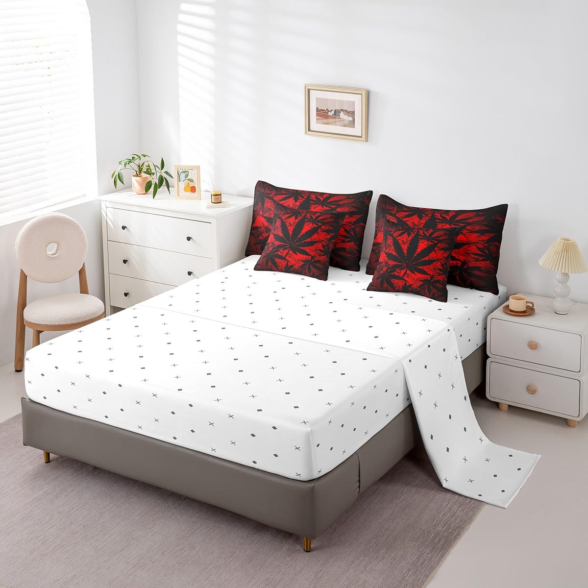 Erosebridal 7 Pcs Leaf Comforter Set - Twin Size, Neon Bed in a Bag with Flat Fitted Sheet for Kids and Adults, Leaf Bedding Set with Pillowcases and Cushion Cases
